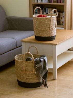 Woven Seagrass Storage Basket with Black Base - Natural